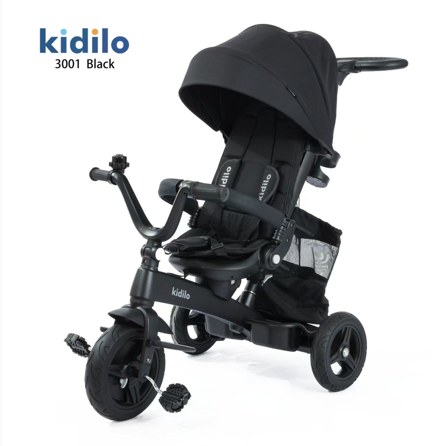 Cochecito negro Kidilo 3001, vista lateral, ideal para paseos infantiles